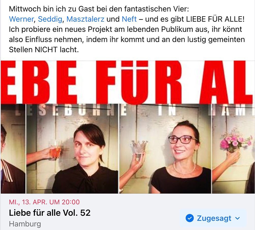 my first Lesebühne 😍
Mittwoch, 13.4.2022
20:00 Uhr, Grüner Jäger
LIEBE FÜR ALLE
😘🥰😍😻💖💘💓💕💗❤️💟💚🖤💞💙💜💛🌹